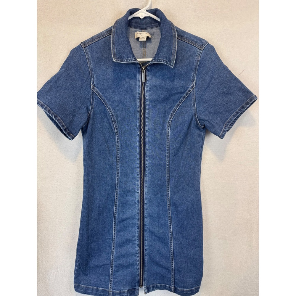 Habitual Denim Dress Blue Zip Front Short Sleeve Mini Sheath XS